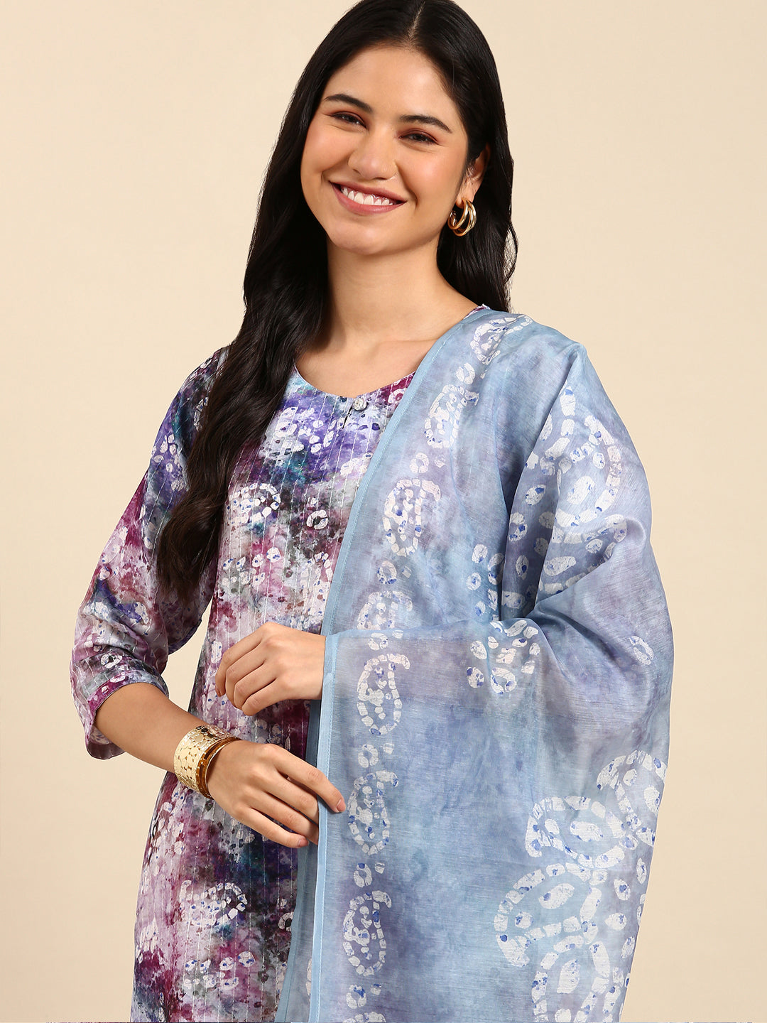 Women Paisley Purple Straight Kurta Set with Dupatta