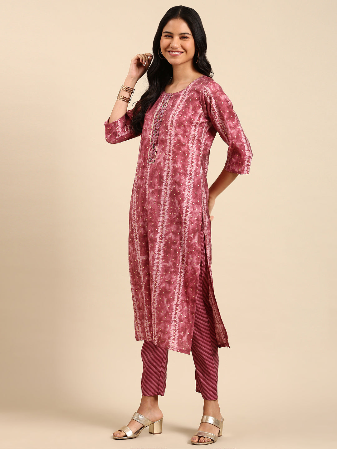 Women Abstract Pink Straight Kurta Set with Dupatta