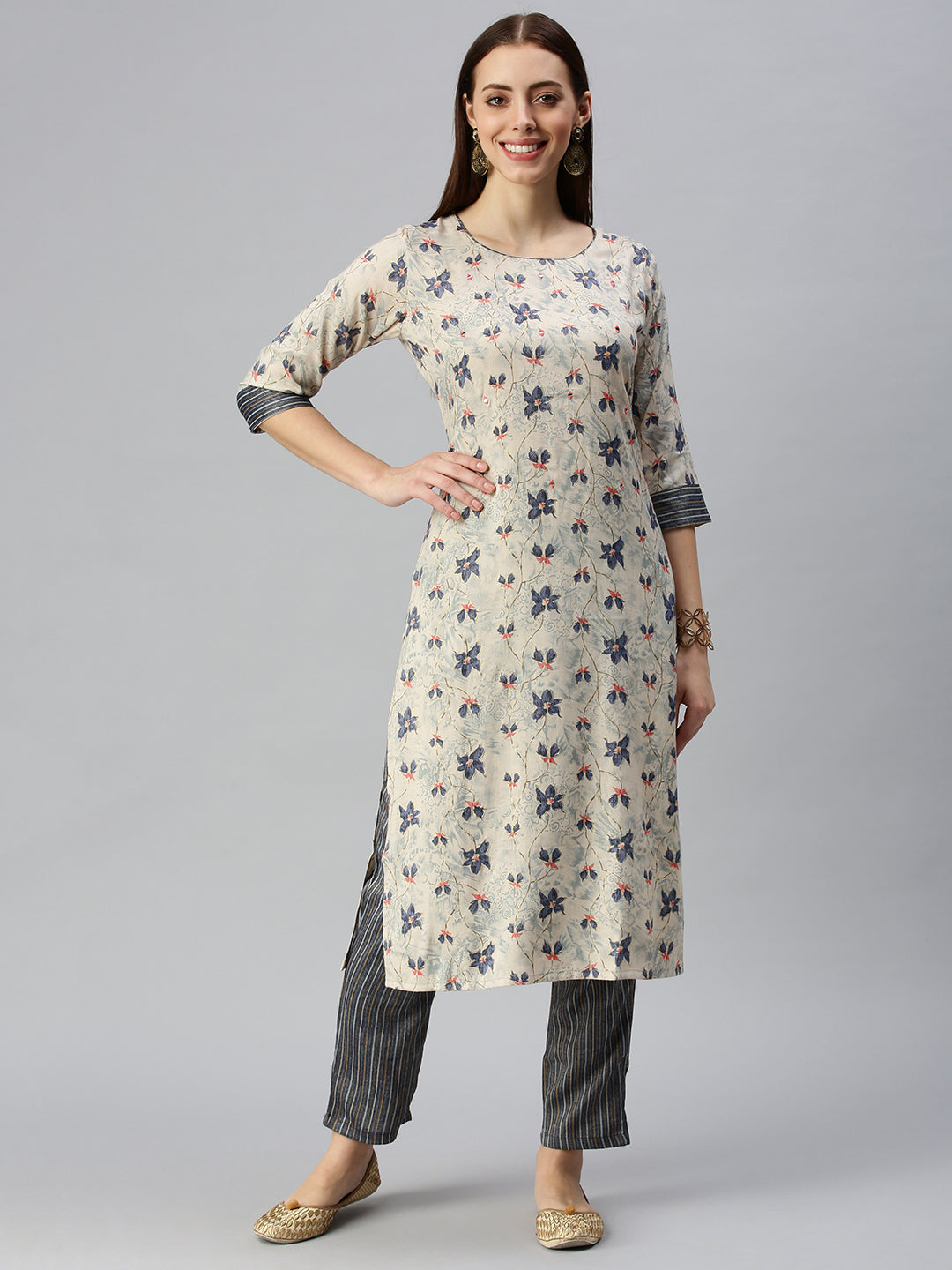 Women Straight Beige Printed Kurta and Trousers