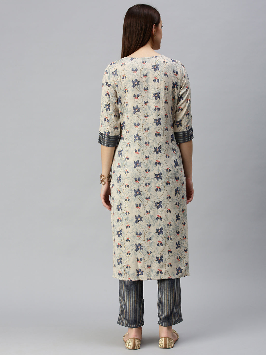 Women Straight Beige Printed Kurta and Trousers