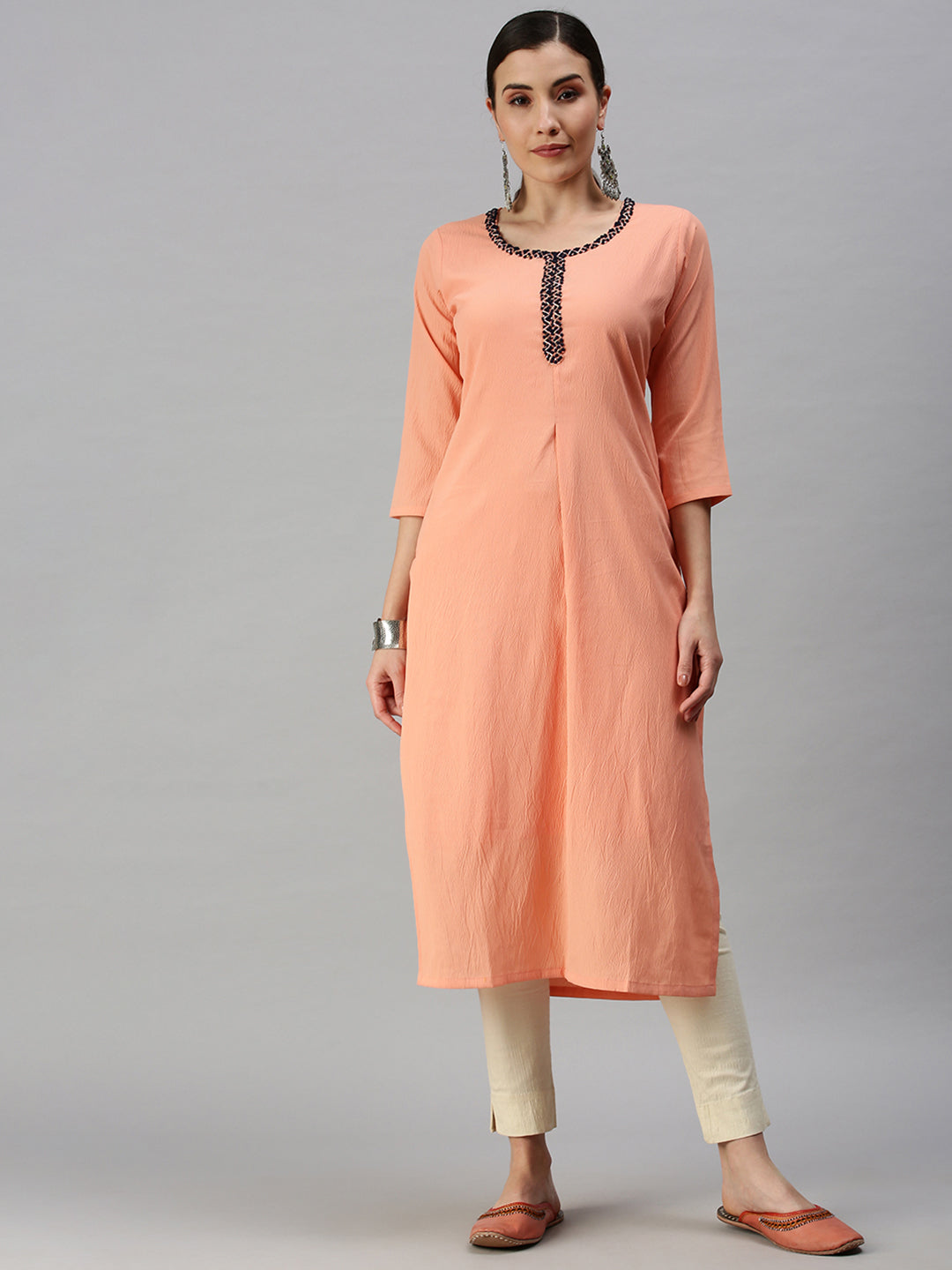 Women Solid Peach Straight Kurta