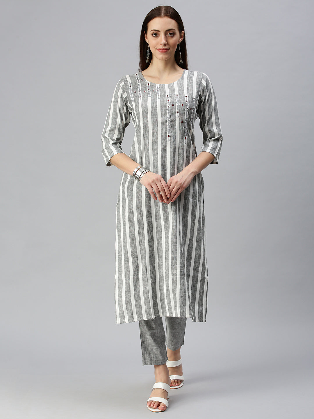 Women Straight White Striped Kurta and Trousers