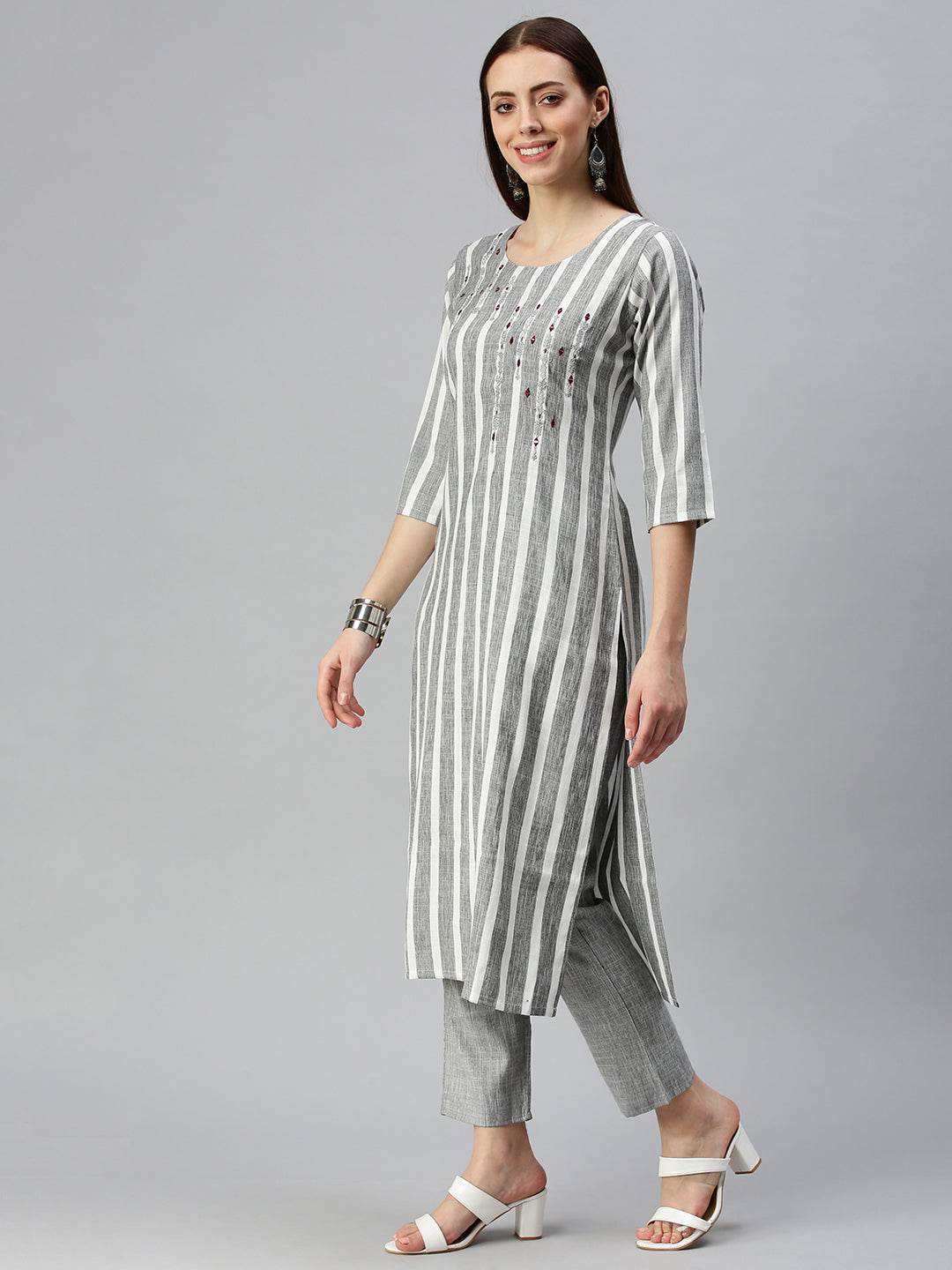 Women Straight White Striped Kurta and Trousers