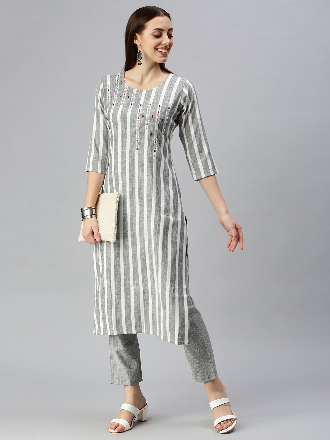 Women Straight White Striped Kurta and Trousers