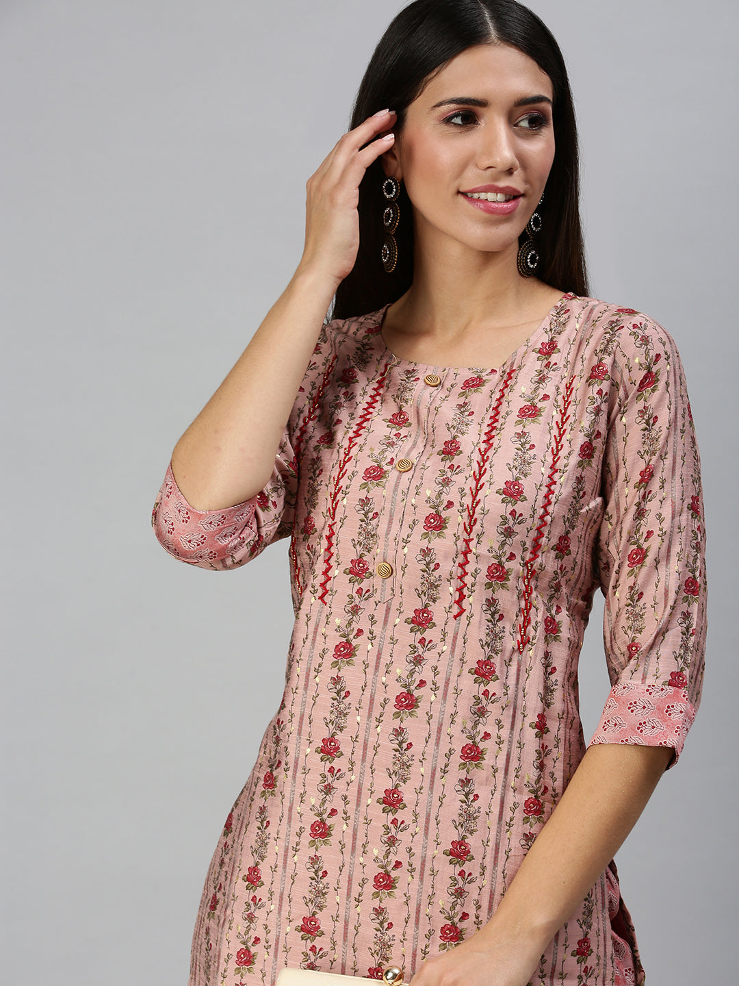 Women Straight Peach Printed Kurta and Trousers