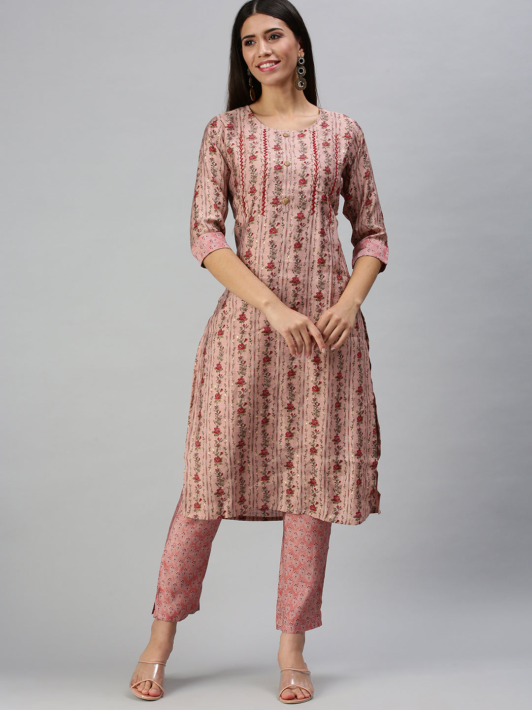 Women Straight Peach Printed Kurta and Trousers