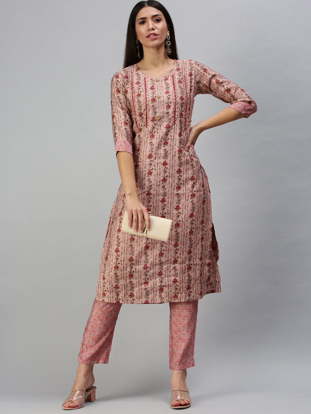 Women Straight Peach Printed Kurta and Trousers