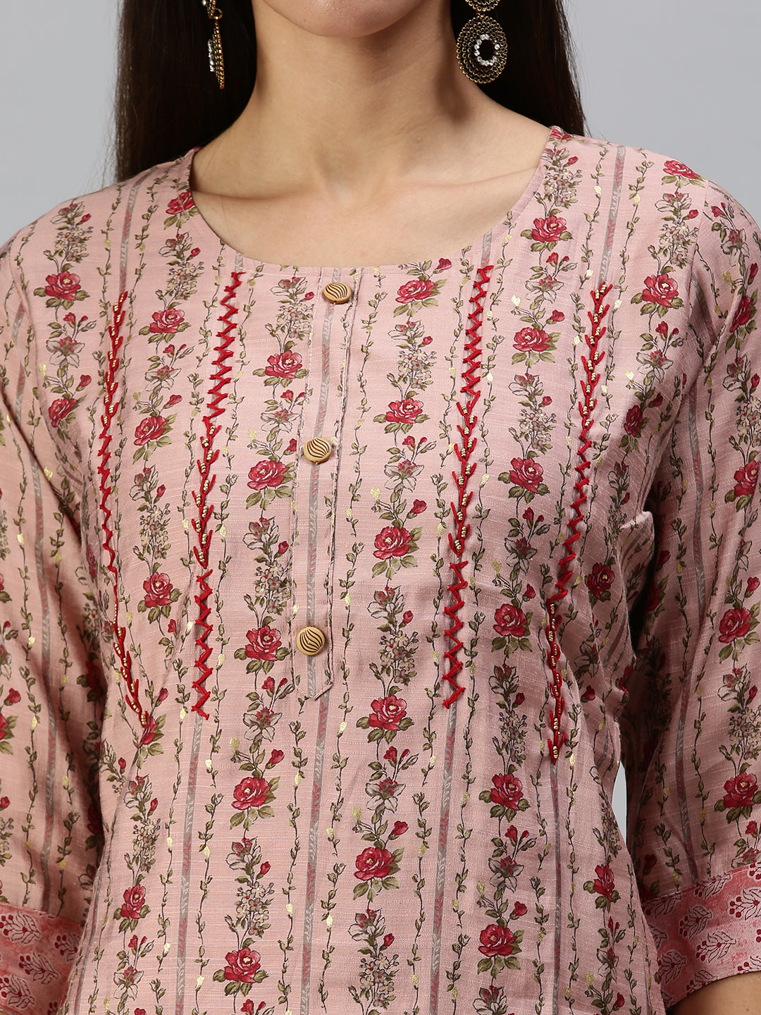 Women Straight Peach Printed Kurta and Trousers