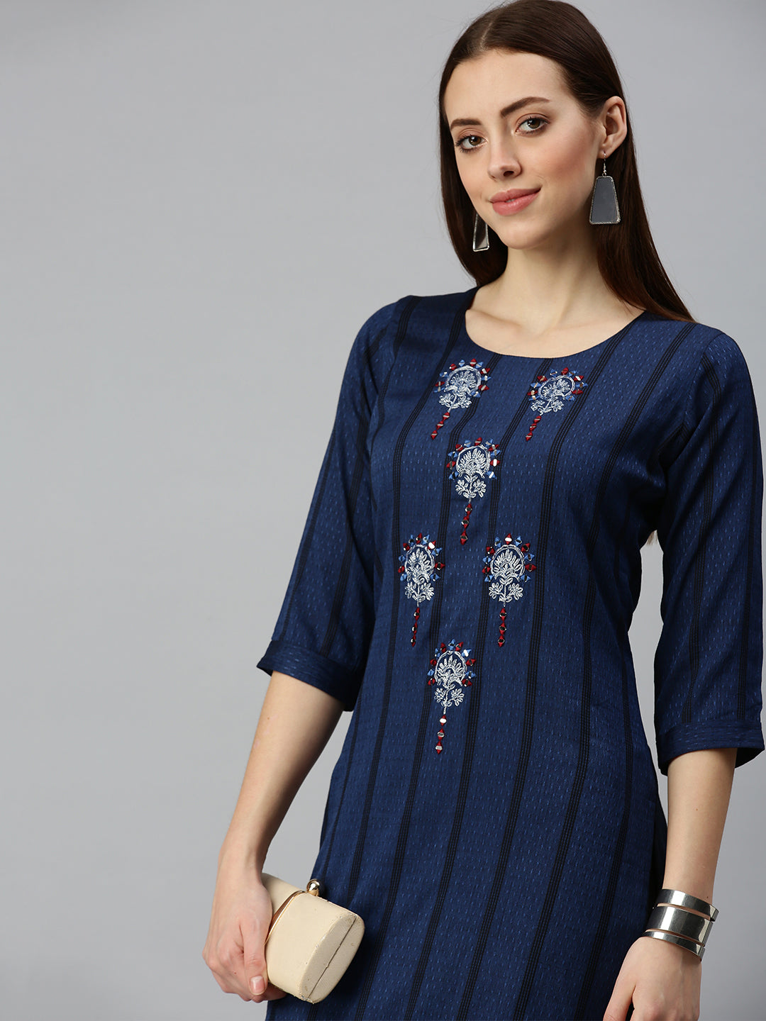 Women's Printed Navy Blue Straight Kurta