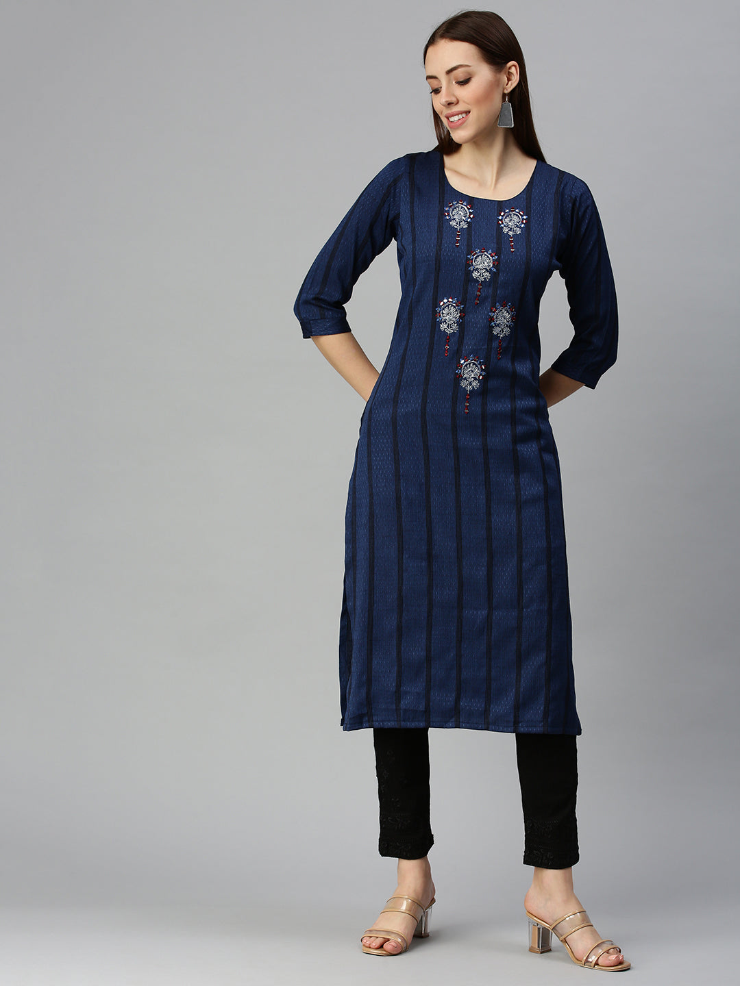 Women's Printed Navy Blue Straight Kurta