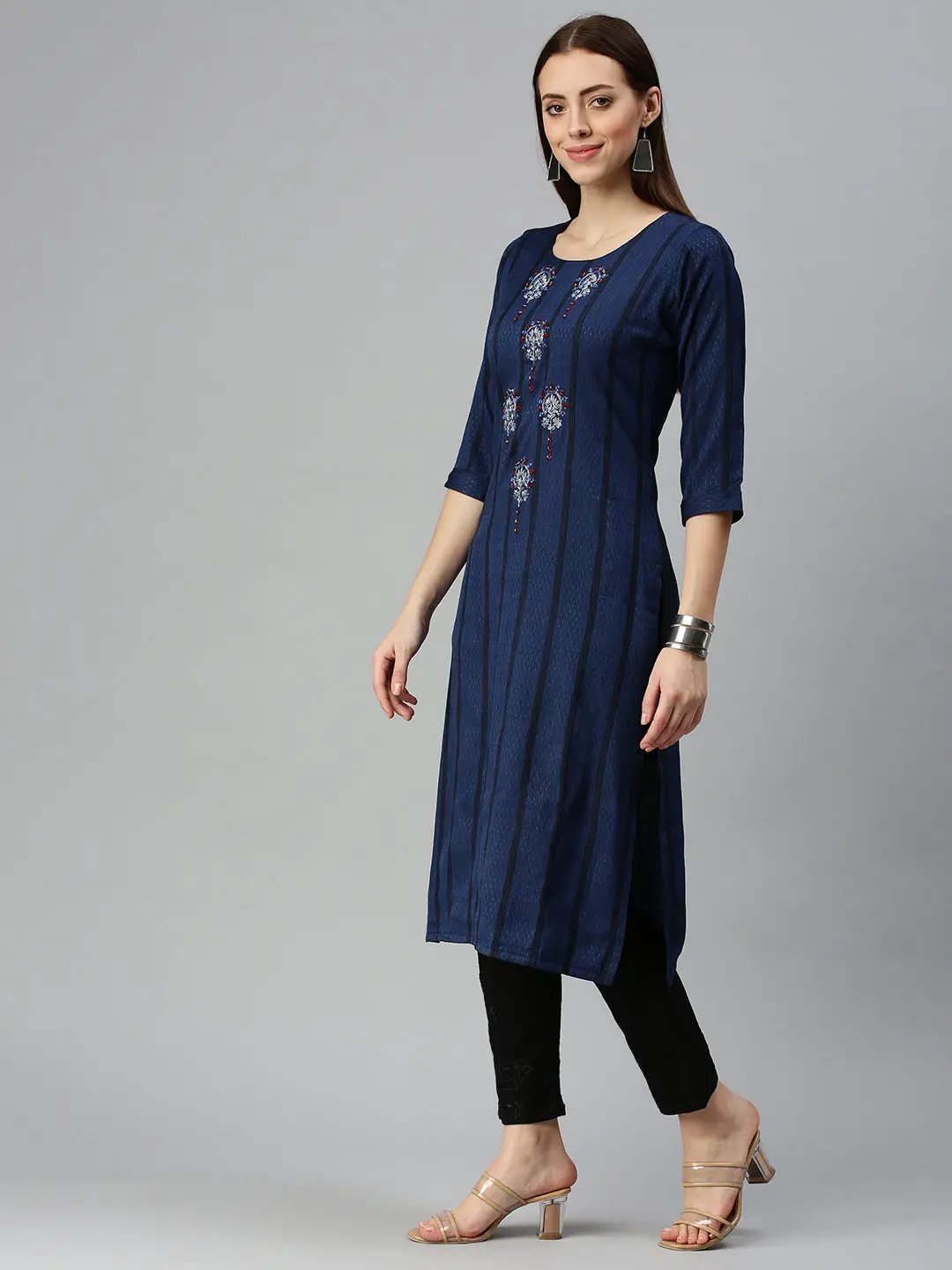 Women's Printed Navy Blue Straight Kurta