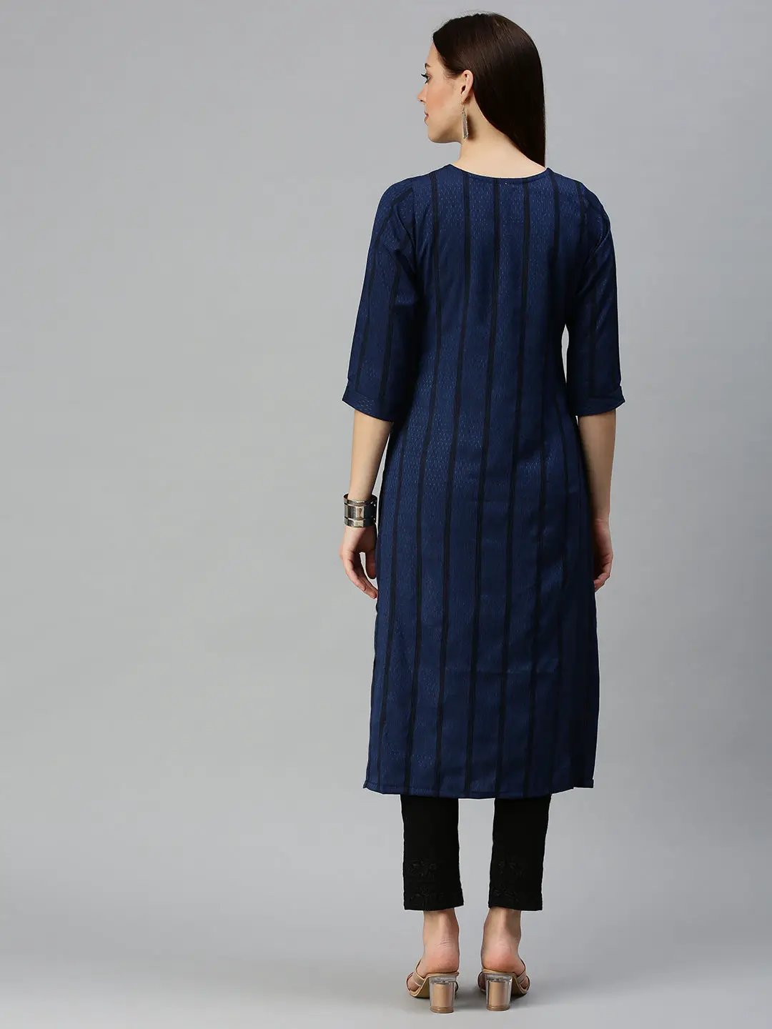 Women's Printed Navy Blue Straight Kurta