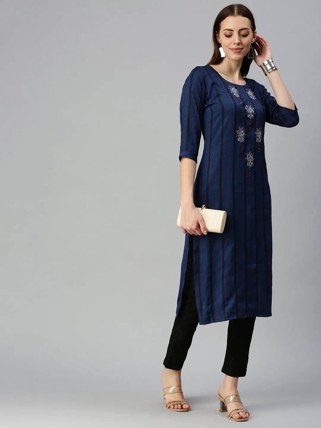 Women's Printed Navy Blue Straight Kurta