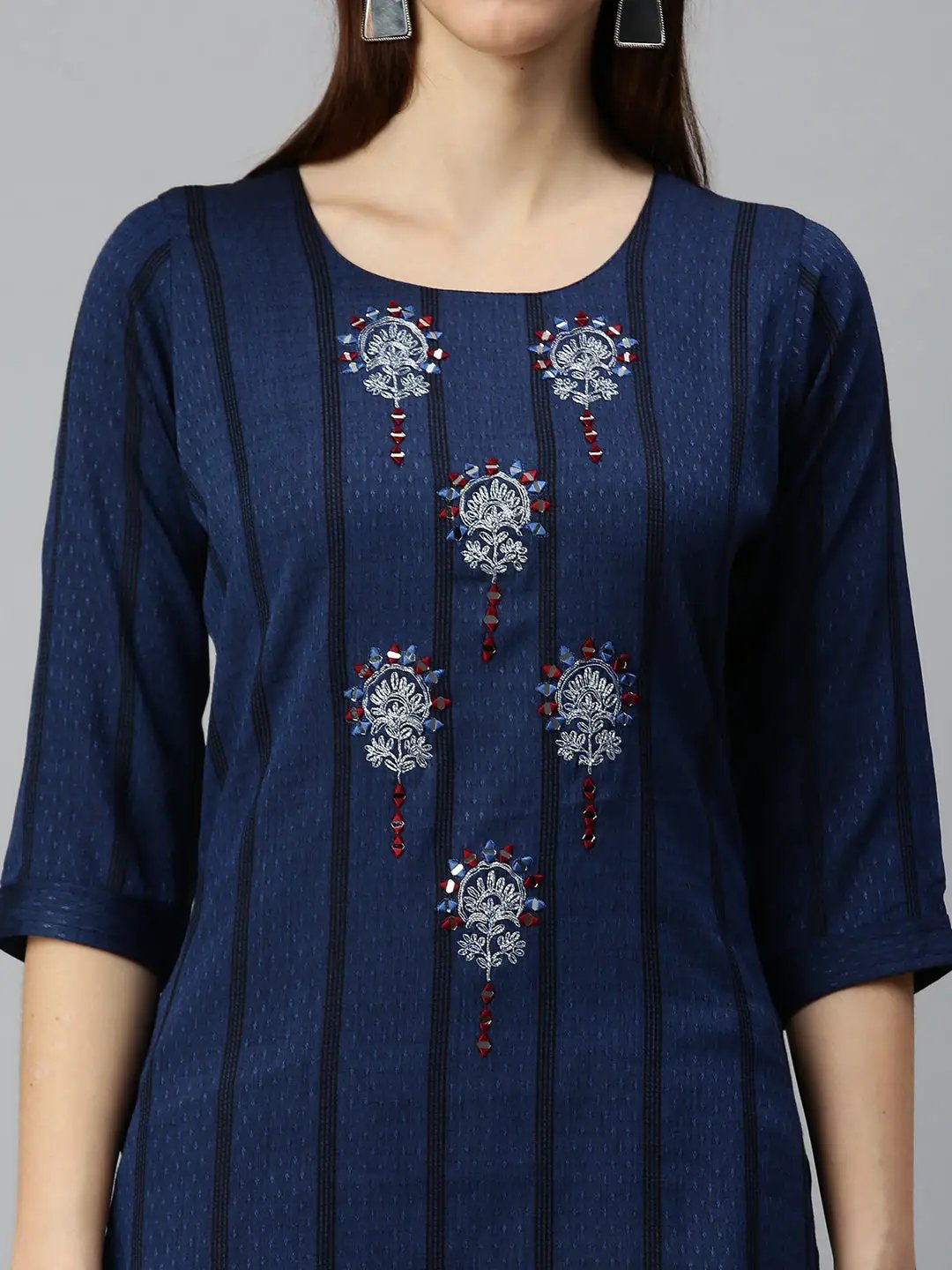 Women's Printed Navy Blue Straight Kurta