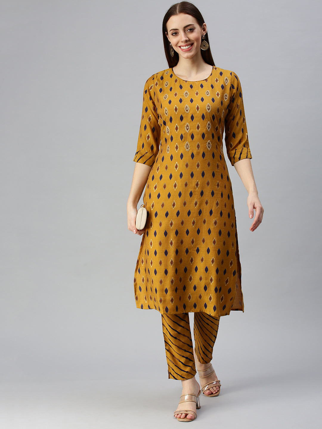 Women Straight Mustard Printed Kurta and Trousers