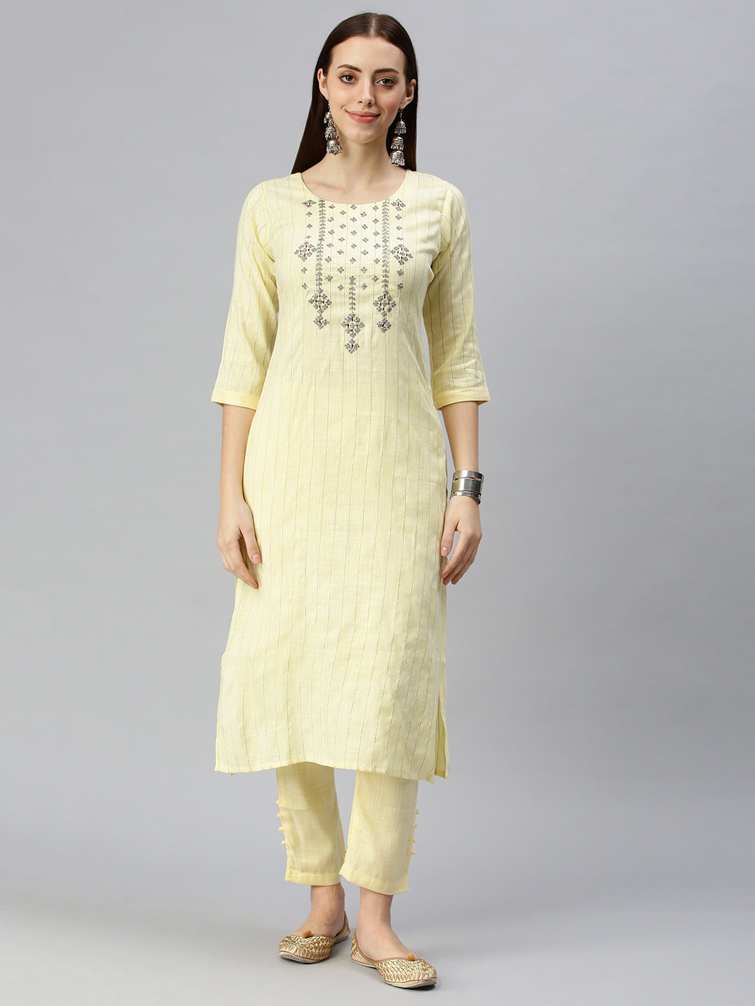 Women Straight Yellow Striped Kurta and Trousers