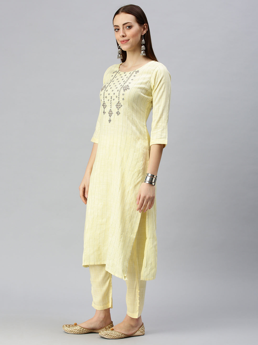 Women Straight Yellow Striped Kurta and Trousers