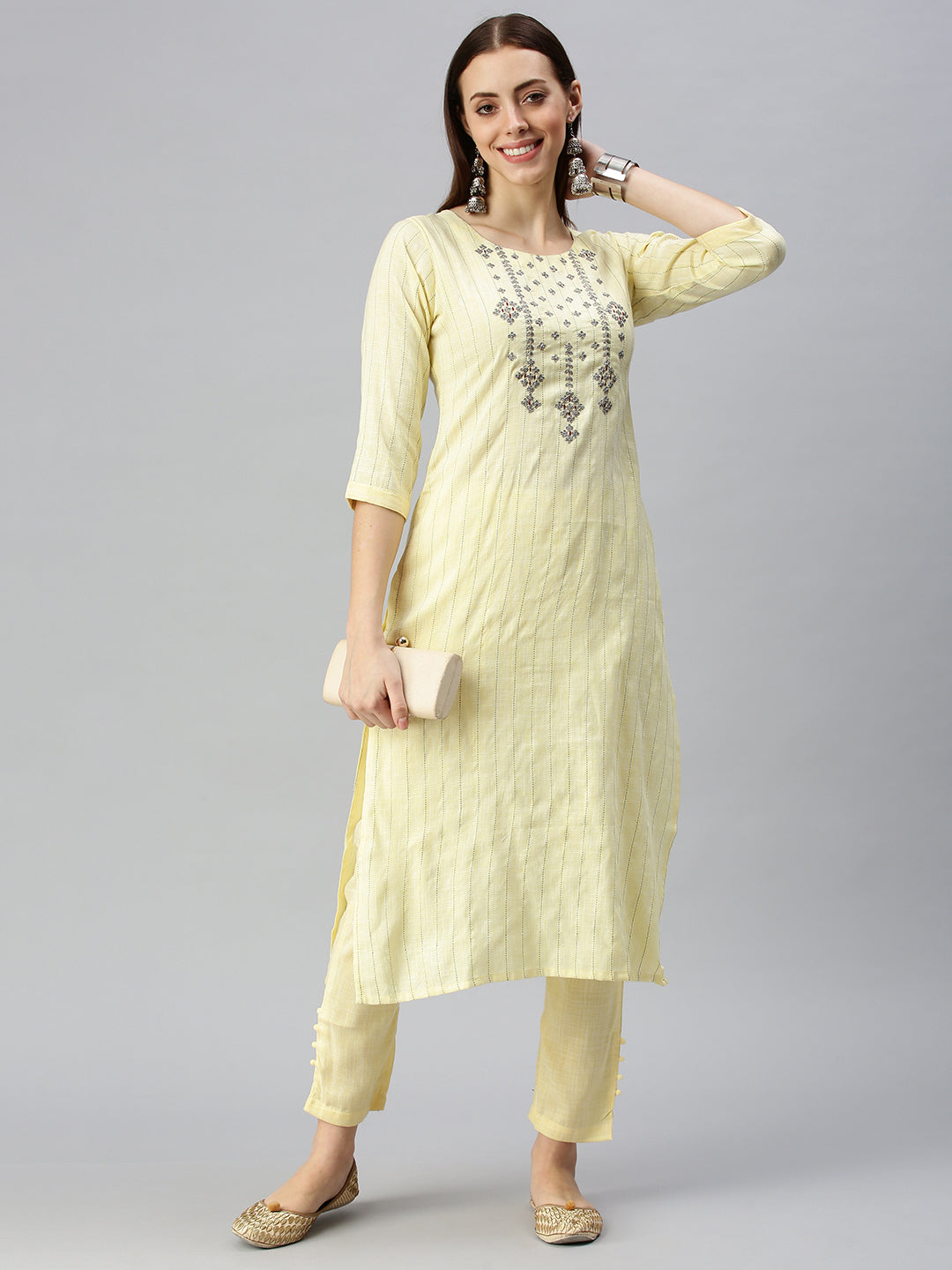 Women Straight Yellow Striped Kurta and Trousers