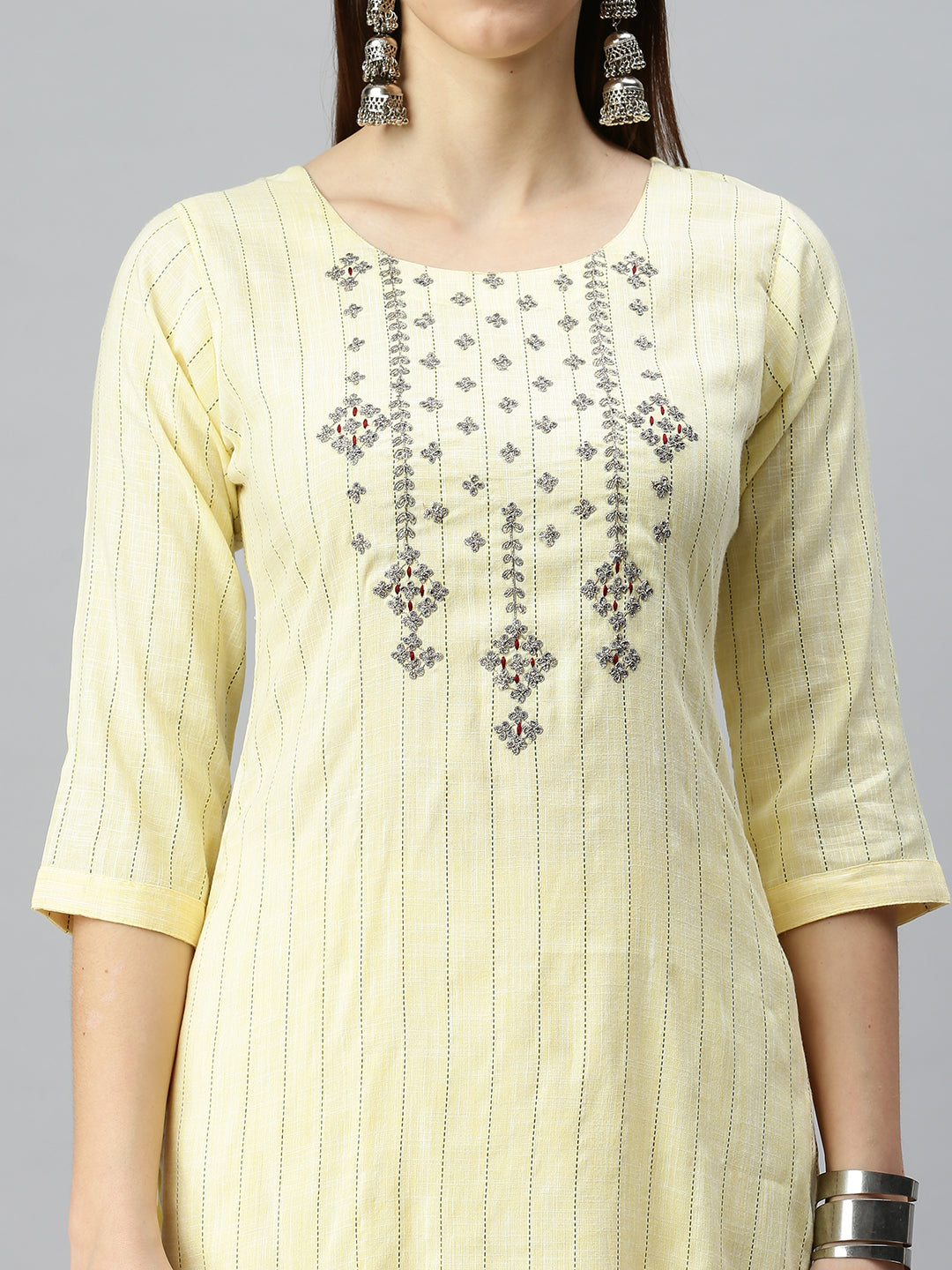 Women Straight Yellow Striped Kurta and Trousers