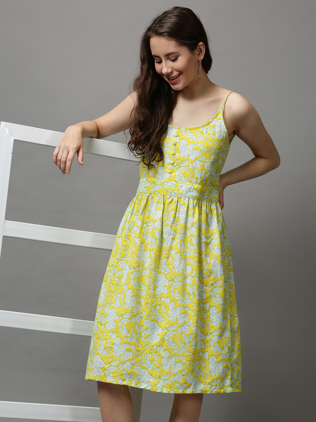 Women Shoulder Straps Printed Fit and Flare Yellow Dress