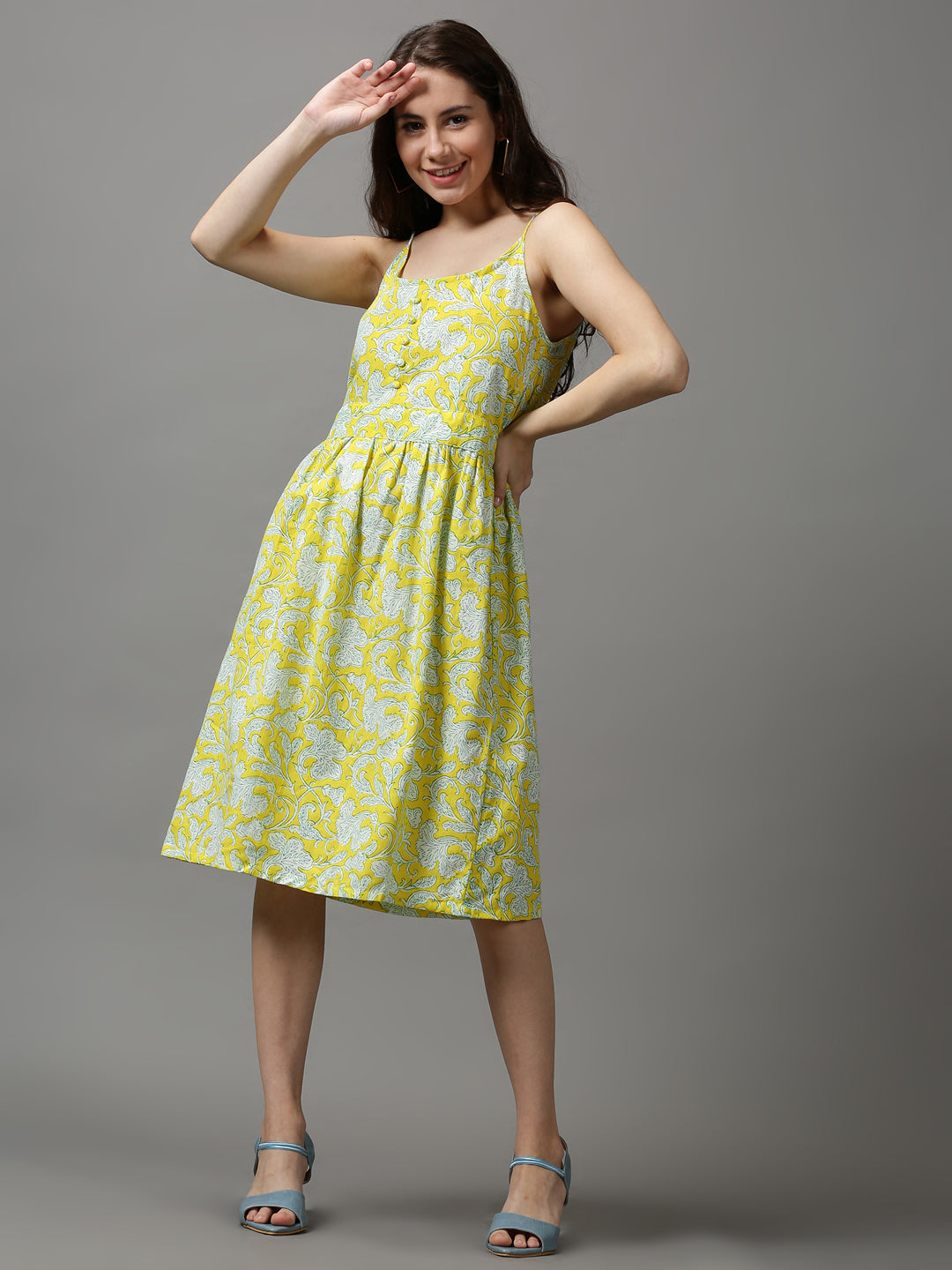 Women Shoulder Straps Printed Fit and Flare Yellow Dress