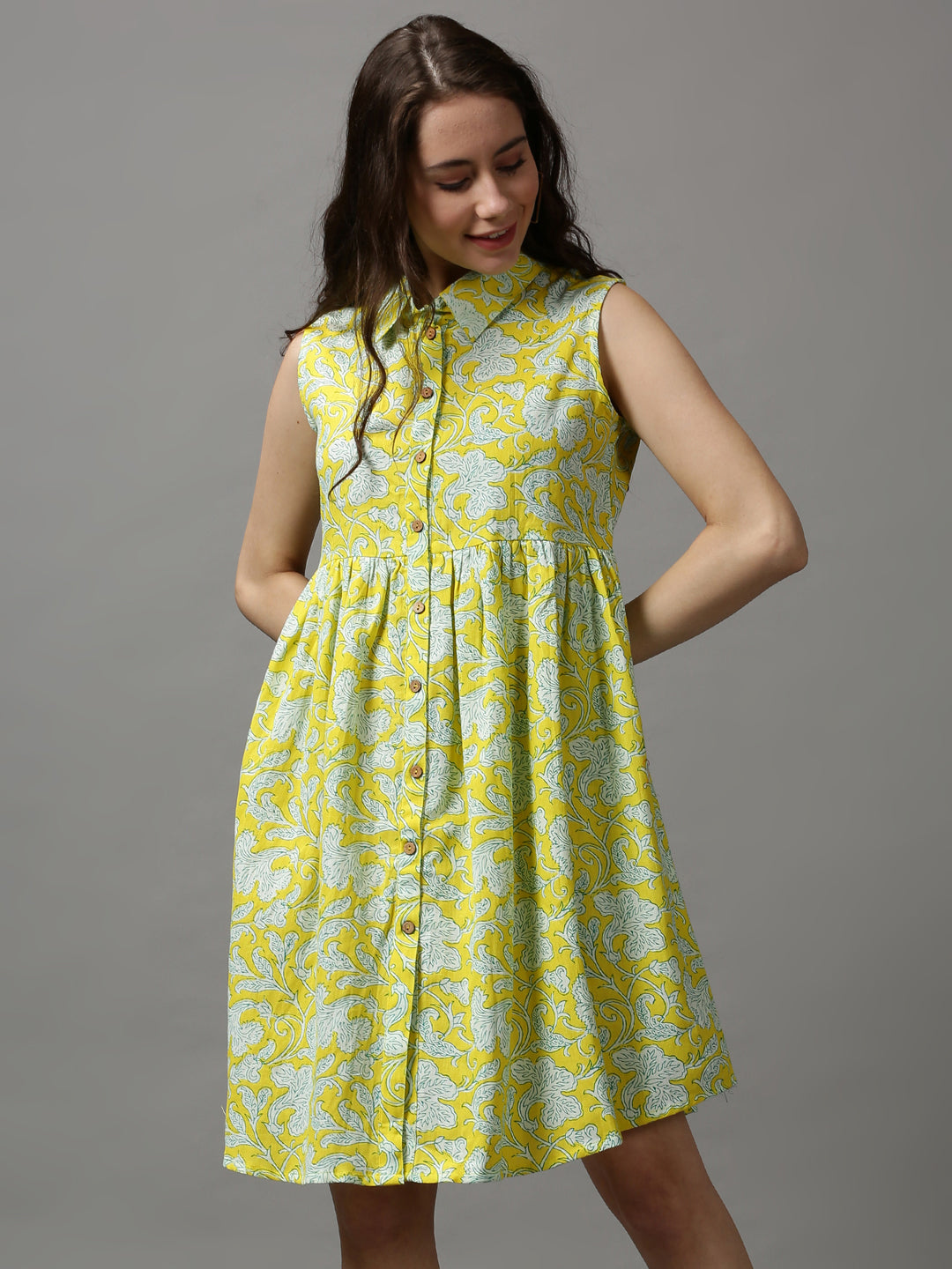 Women Printed Empire Yellow Dress