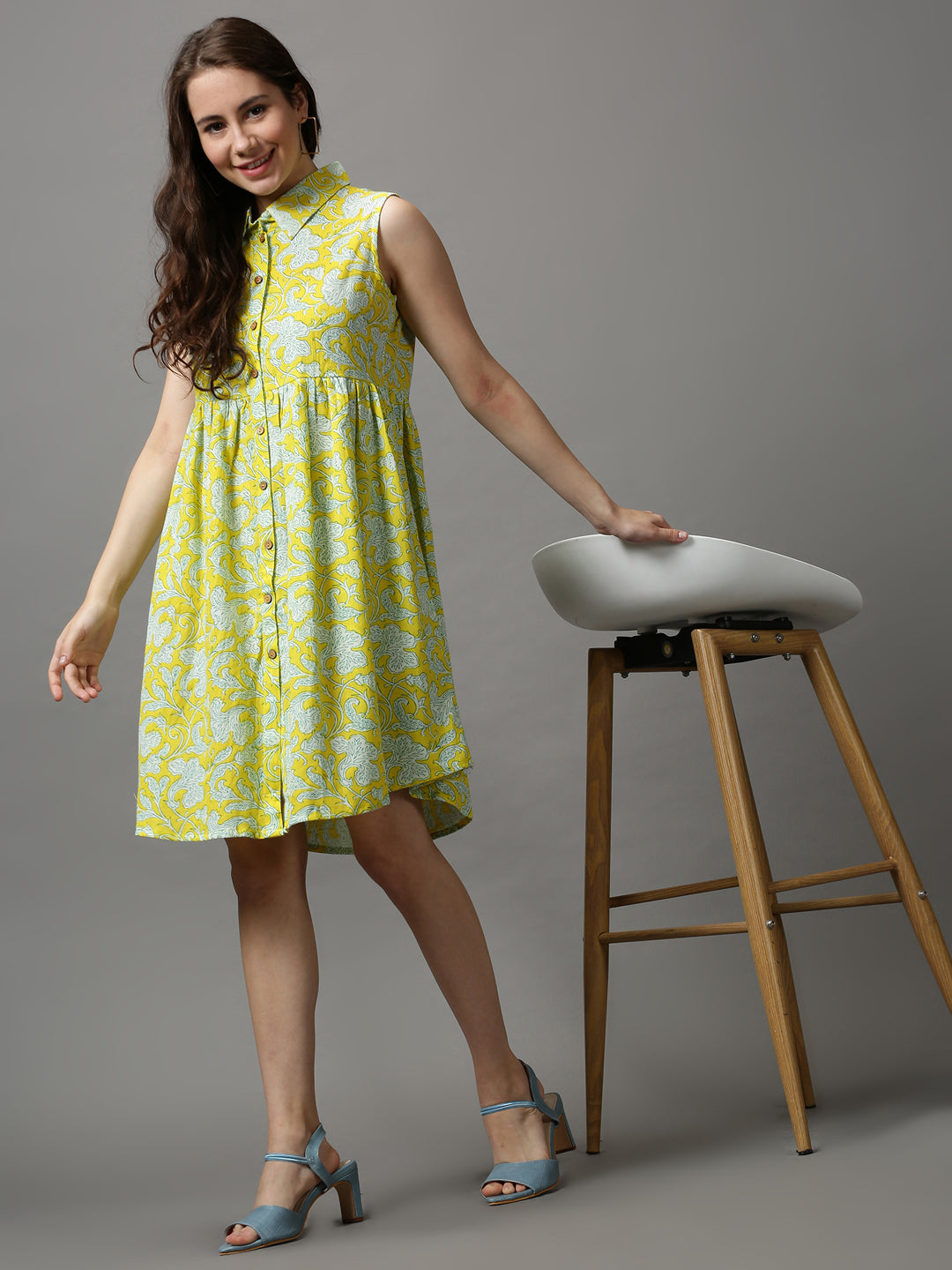 Women Printed Empire Yellow Dress