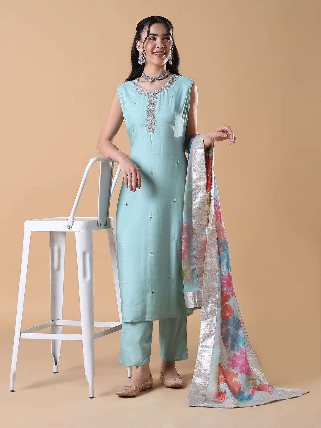 Women Solid Straight Blue Zari Work Kurta Set with Dupatta