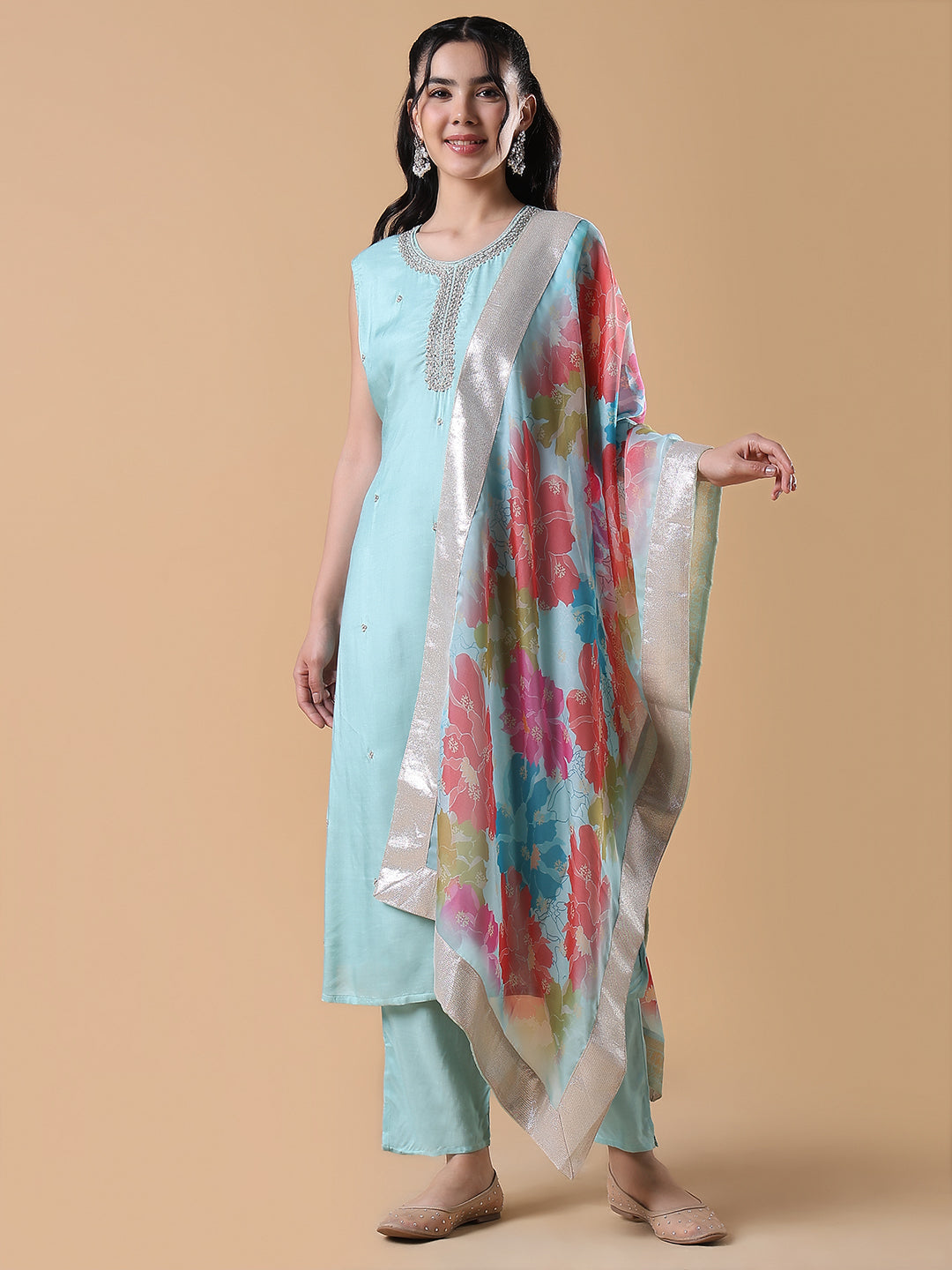 Women Solid Straight Blue Zari Work Kurta Set with Dupatta