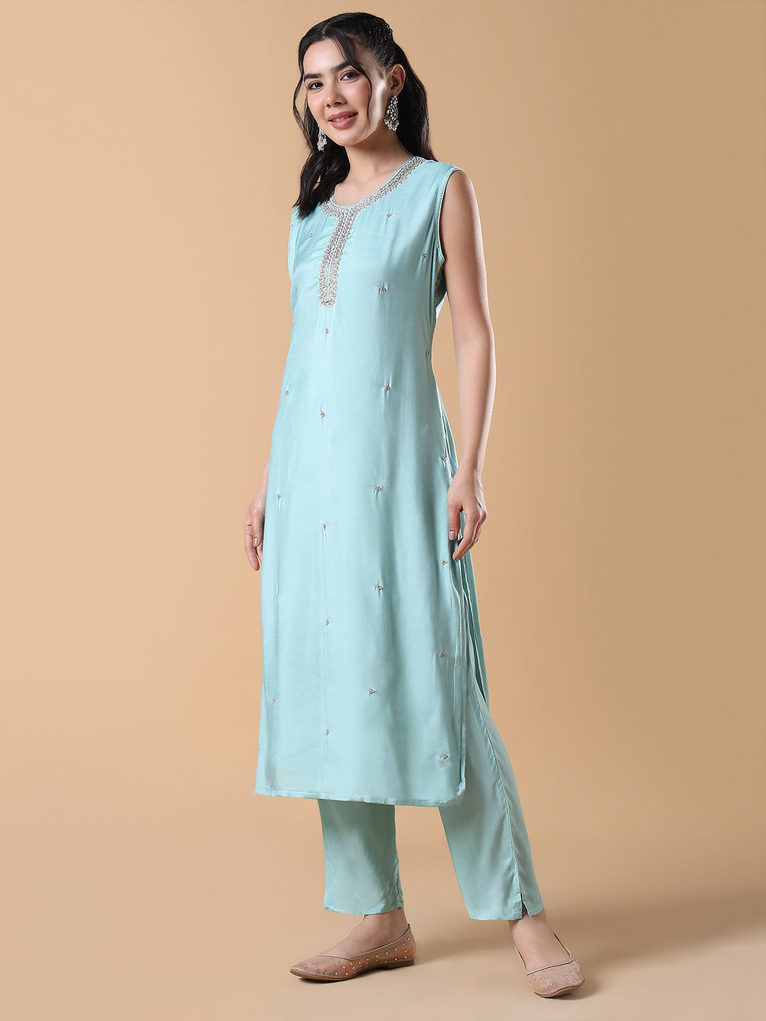 Women Solid Straight Blue Zari Work Kurta Set with Dupatta