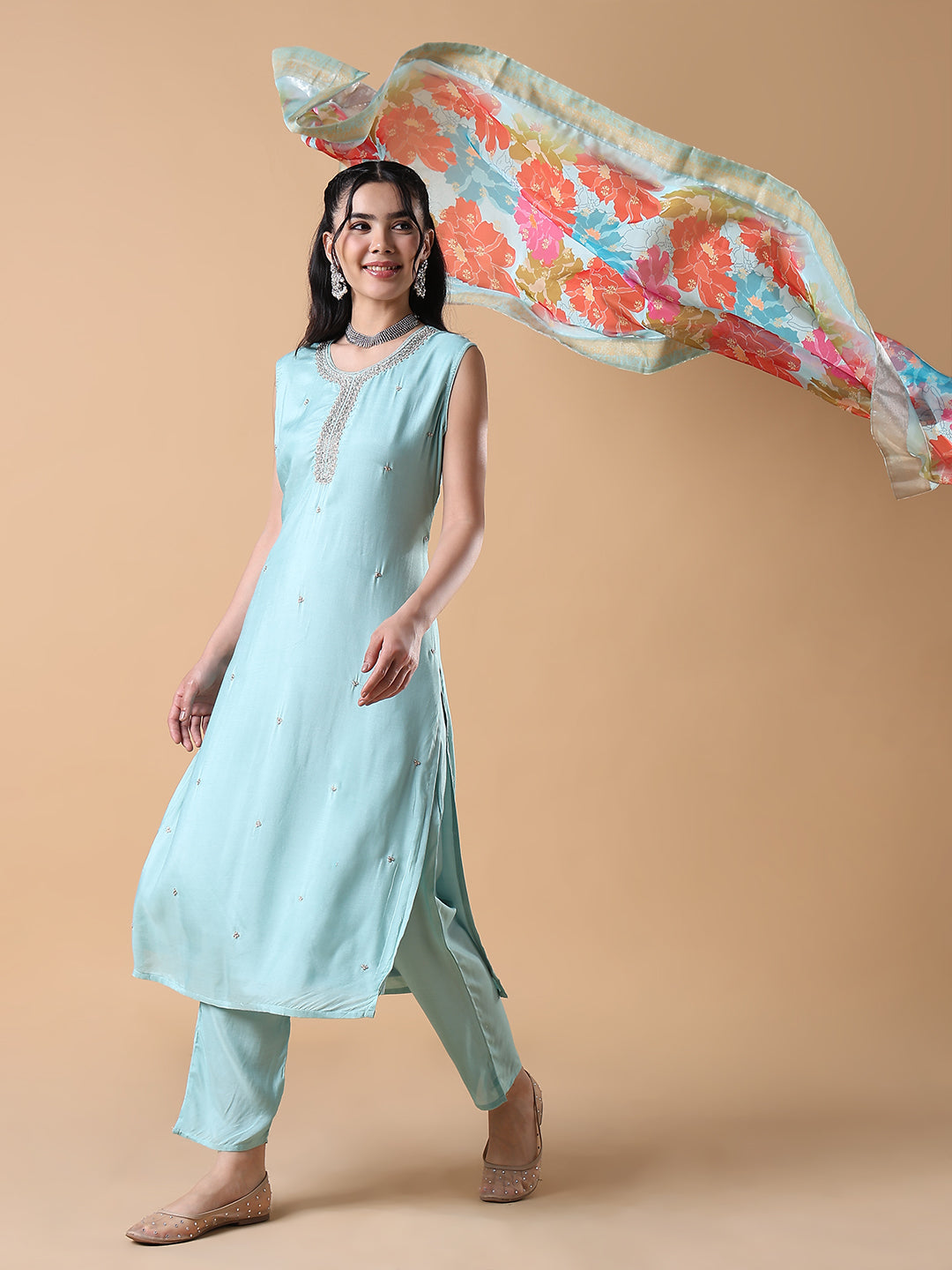 Women Solid Straight Blue Zari Work Kurta Set with Dupatta