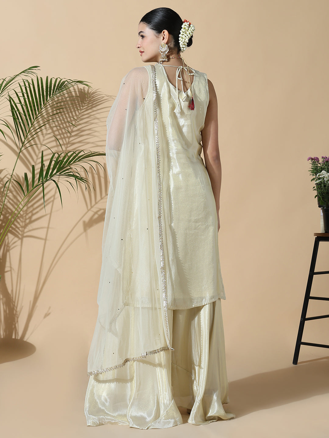 Women Floral Straight Thread Work Cream Kurta with Palazzos