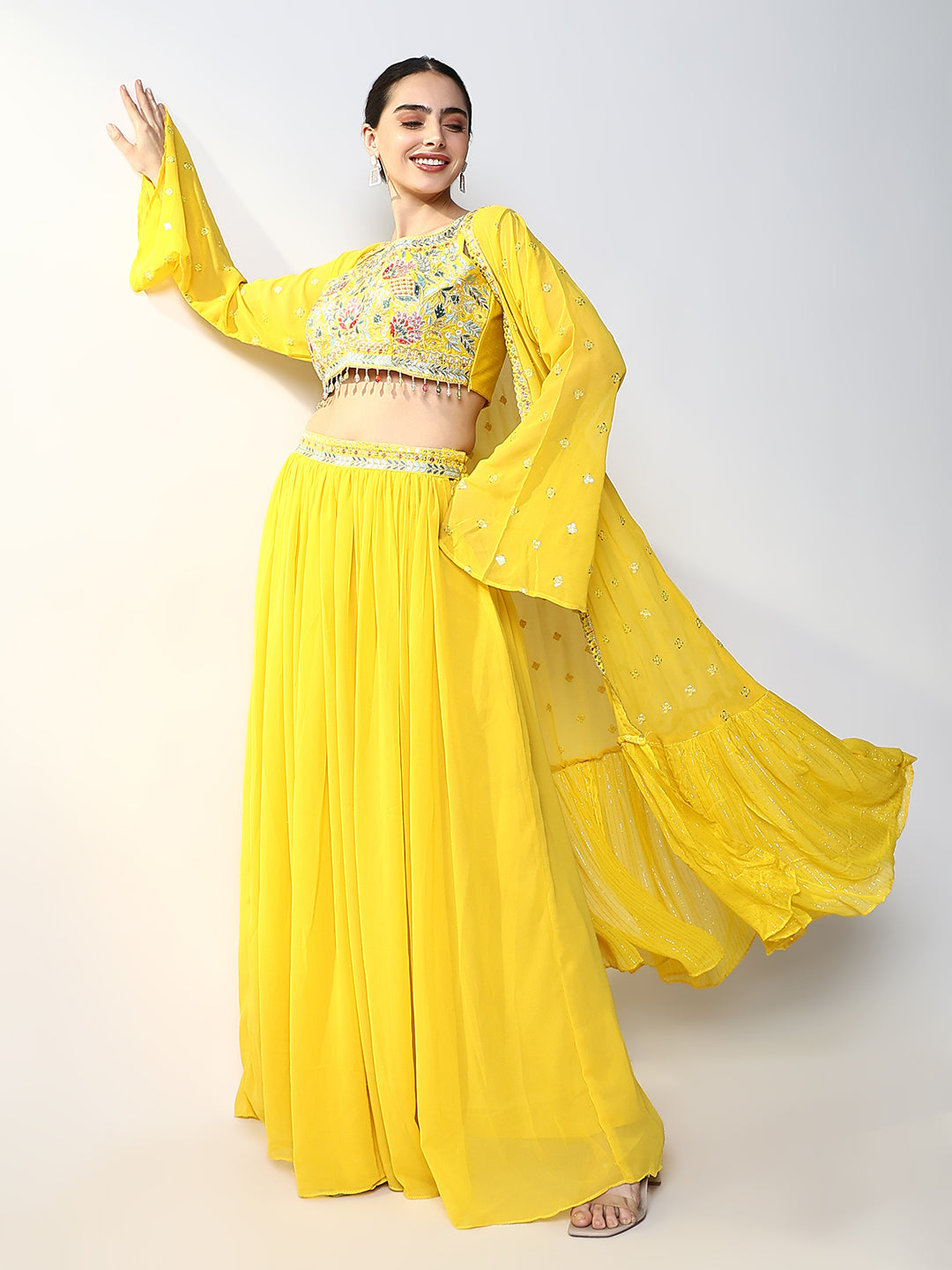 Women Solid Yellow Straight Indowestern Kurta Set