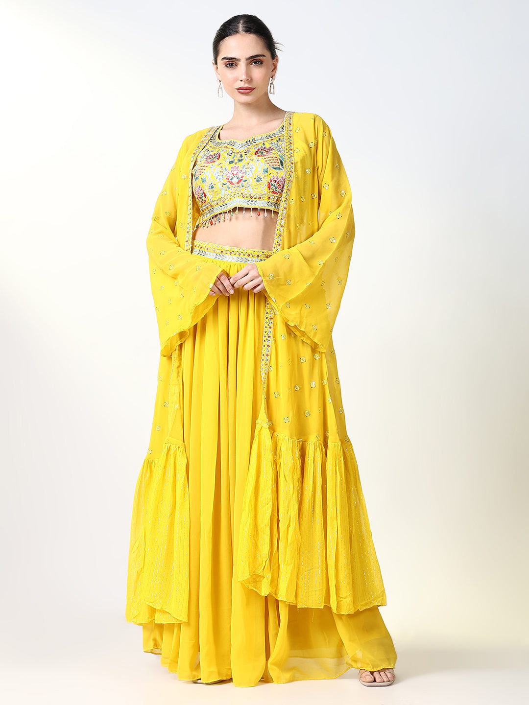 Women Solid Yellow Straight Indowestern Kurta Set