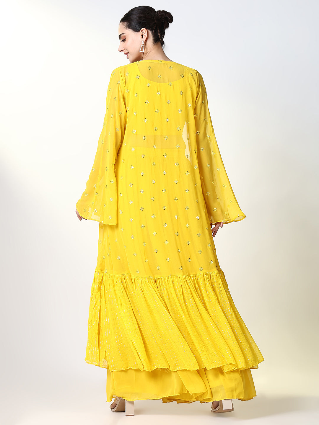 Women Solid Yellow Straight Indowestern Kurta Set