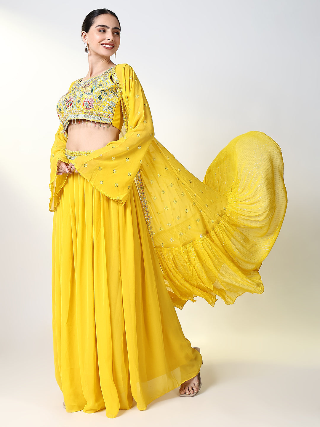 Women Solid Yellow Straight Indowestern Kurta Set