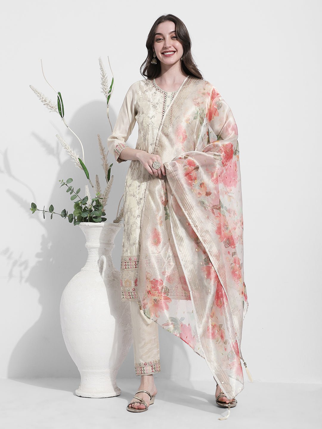 Women's Embroidered Cream Kurta Set with Printed Dupatta