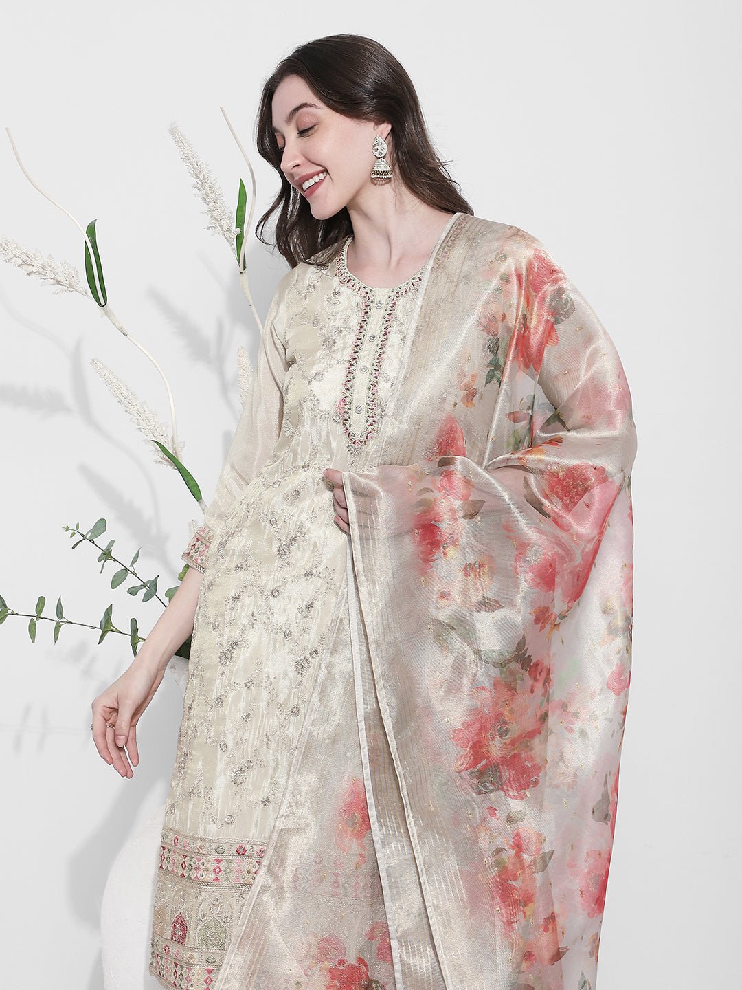 Women's Embroidered Cream Kurta Set with Printed Dupatta
