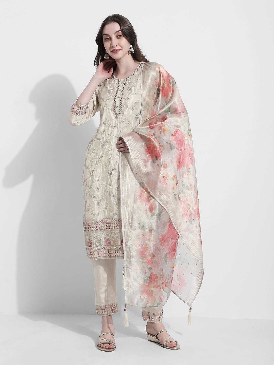 Women's Embroidered Cream Kurta Set with Printed Dupatta