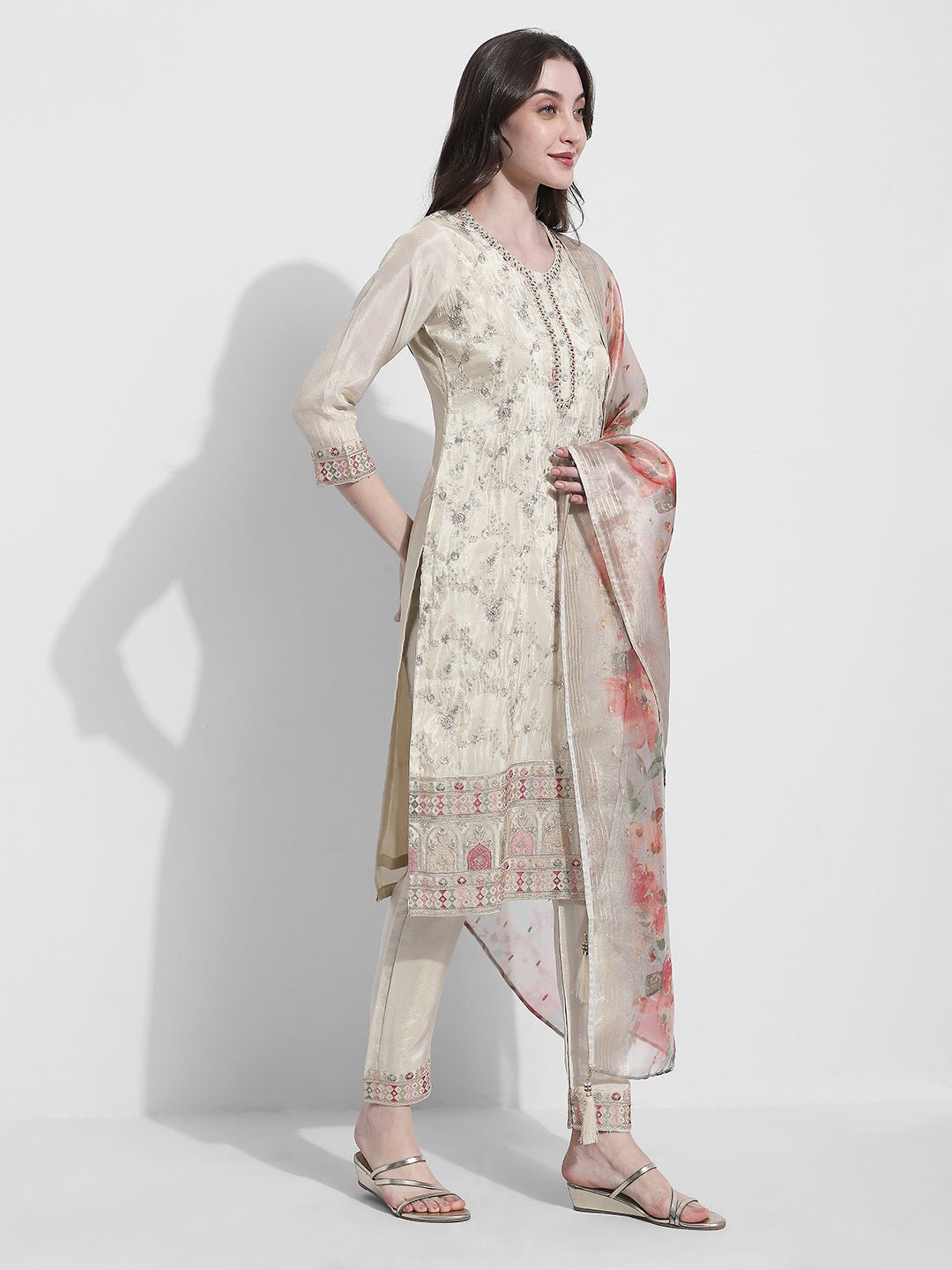 Women's Embroidered Cream Kurta Set with Printed Dupatta