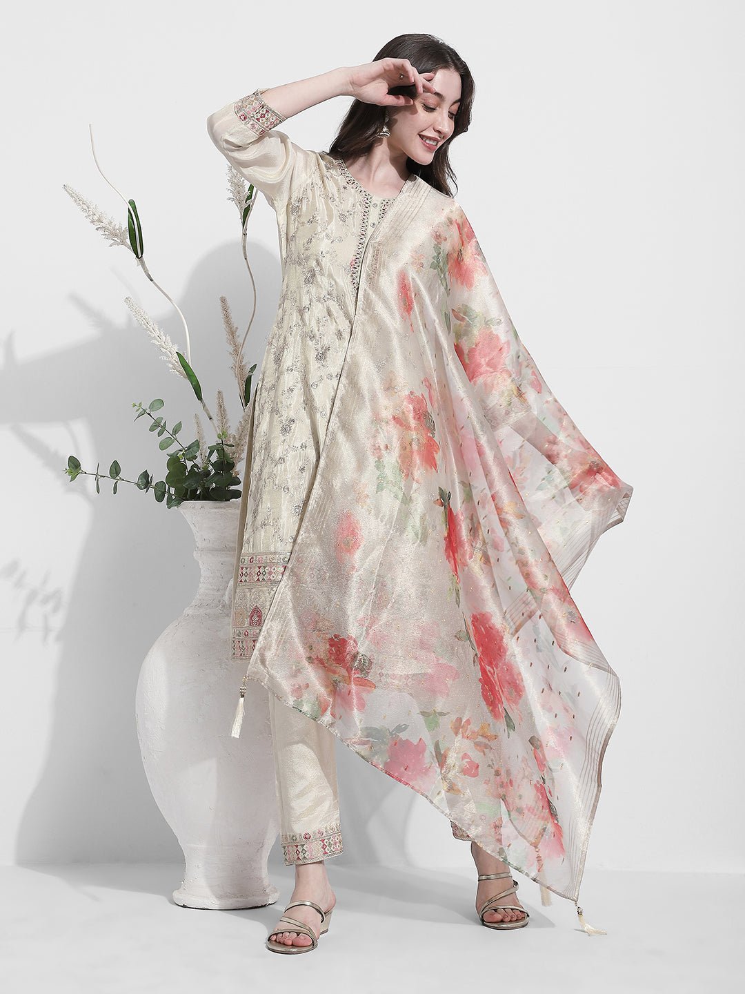 Women's Embroidered Cream Kurta Set with Printed Dupatta
