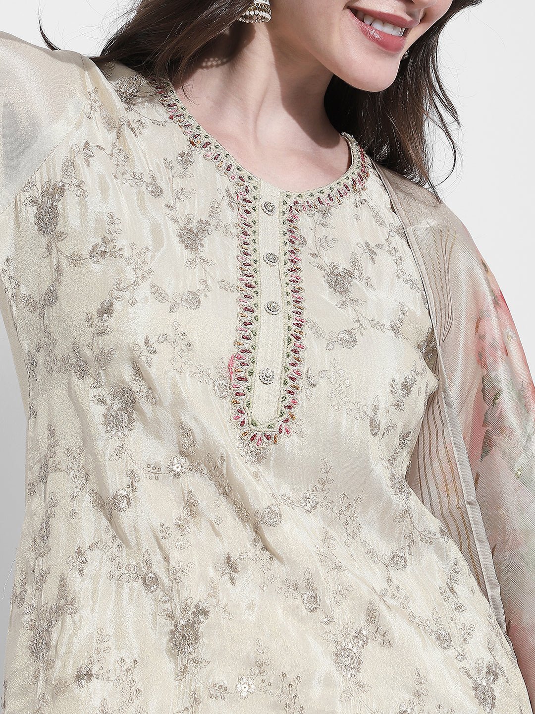 Women's Embroidered Cream Kurta Set with Printed Dupatta