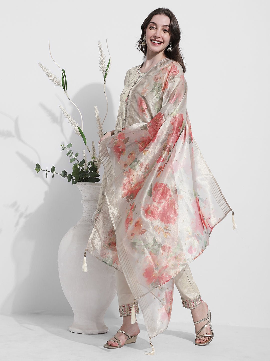 Women's Embroidered Cream Kurta Set with Printed Dupatta