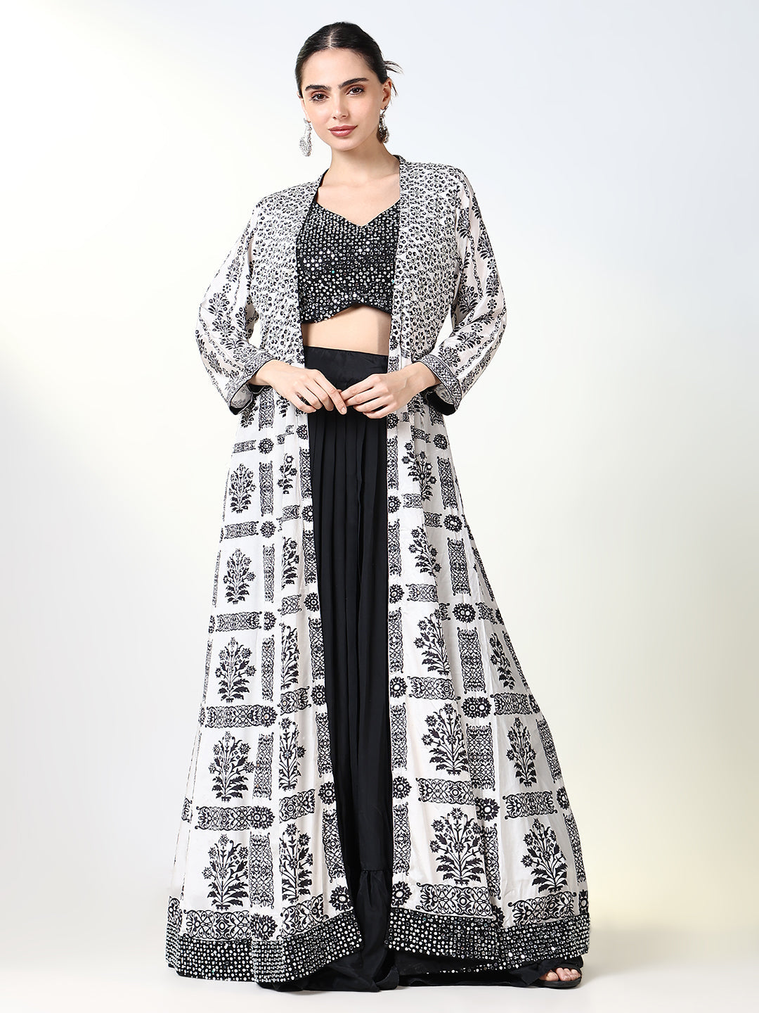 Women Black Embroidered Lehenga Choli with Overcoat