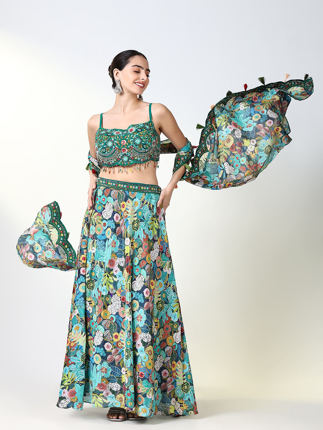 Women Green Embroidered Lehenga Choli with Dupatta