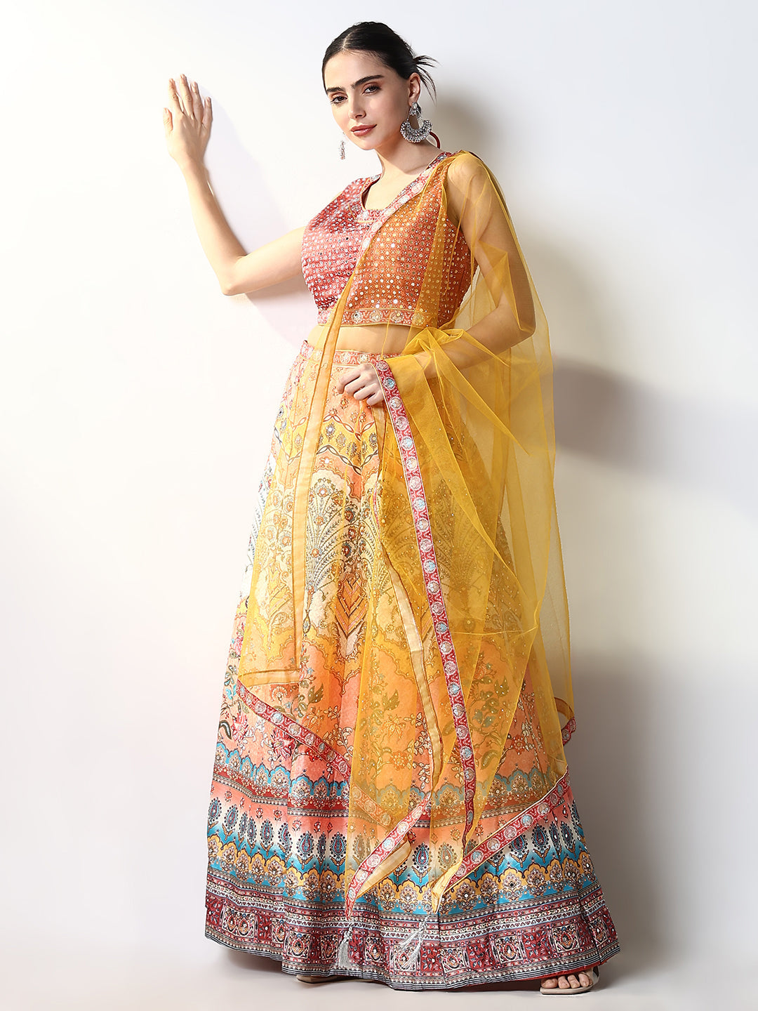 Women Orange Embroidered Lehenga Choli with Dupatta