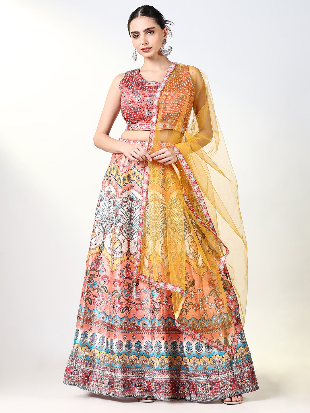 Women Orange Embroidered Lehenga Choli with Dupatta