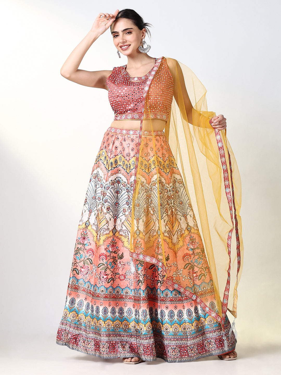 Women Orange Embroidered Lehenga Choli with Dupatta