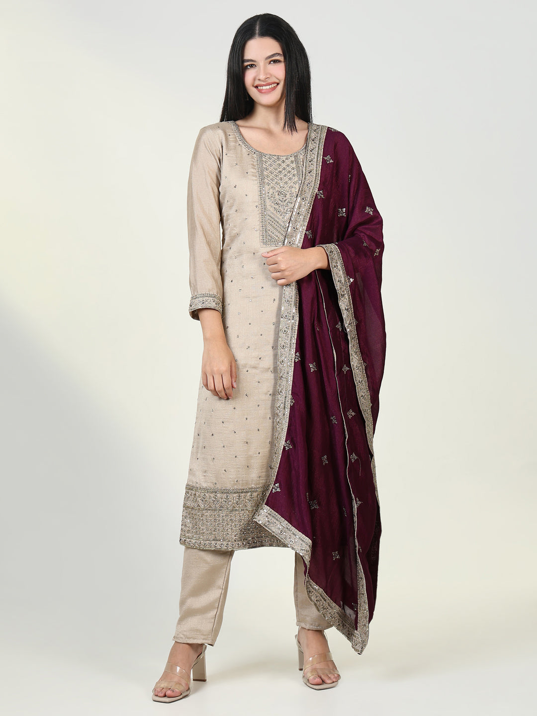 Women Embroidered Beige Kurta Set with Dupatta