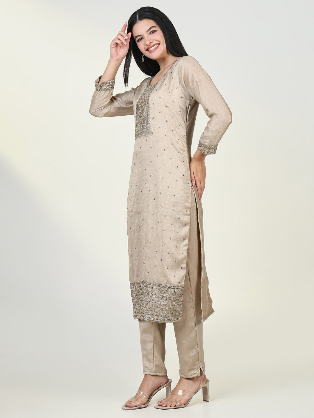 Women Embroidered Beige Kurta Set with Dupatta